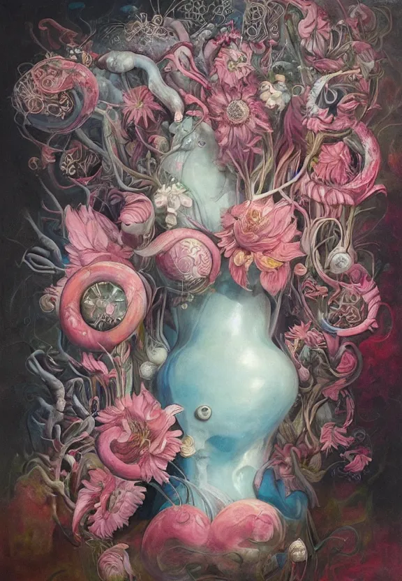 Image similar to a biomorphic painting of a vase with flowers and eyeballs in it, a surrealist painting by Marco Mazzoni, by Dorothea Tanning, Peter Mohrbacher, pastel blues and pinks, featured on artstation, metaphysical painting, oil on canvas, fluid acrylic pour art, airbrush art, seapunk, rococo, lovecraftian