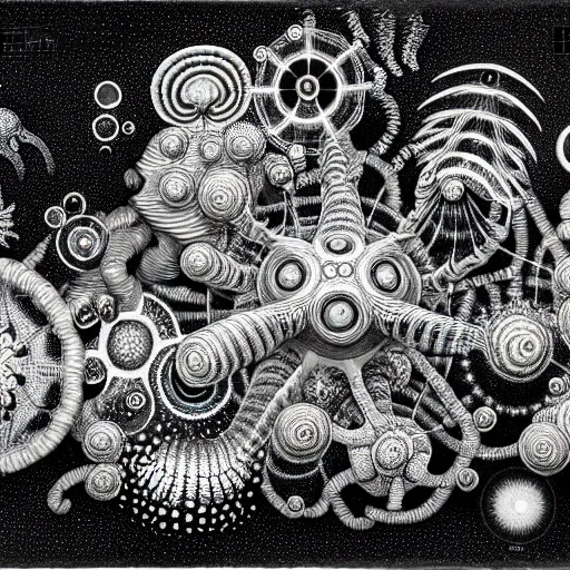 Image similar to a black and white drawing of a variety of sea life and filled with gundam mech equipment space station, a microscopic photo by ernst haeckel, zbrush central, kinetic pointillism, bioluminescence, intricate patterns, photoillustration