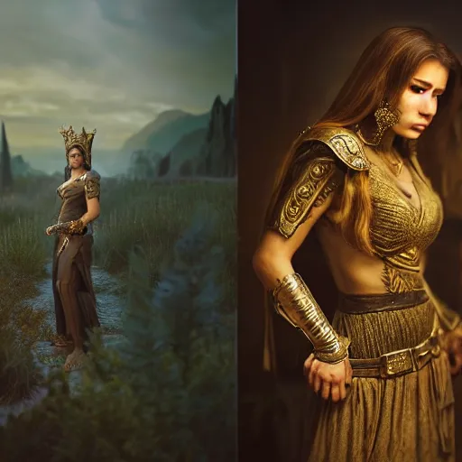 Image similar to the elder scrolls vi, majestic, gracious regal brunette female jarl, ancient greece, mysterious atmospheric lighting, painted, intricate, volumetric lighting, beautiful, rich deep colours masterpiece, golden hour, golden ratio, sharp focus, ultra detailed, by mark kent, jordan lamarre - wan, igor kieryluk, maxim verehin, miranda meeks