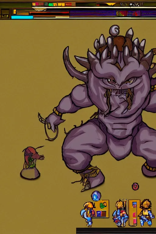 Prompt: a rpg maker videogame with a big head of a demon god sprite