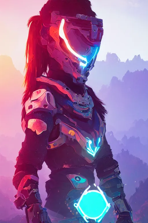 Image similar to combination suit armor aloy horizon forbidden west horizon zero dawn radiating a glowing aura global illumination ray tracing hdr fanart arstation by ian pesty and alena aenami artworks in 4 k tribal robot ninja mask helmet backpack