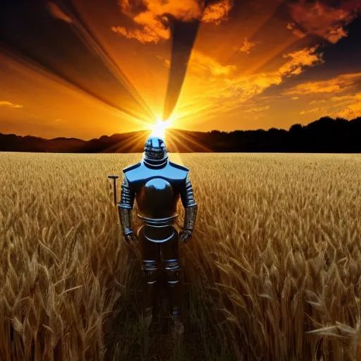 Prompt: a knight in armor standing in a wheat field at sunset with god rays of sun shining through clouds