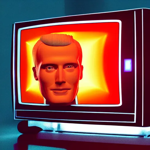 Prompt: a hyperrealistic 3 d render of max headroom 2 0 2 2 on a vintage tv, octane render, unreal engine, 8 k, trending on cgsociety, volumetric lighting, dramatic lighting, lasers, neon