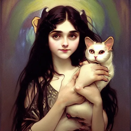 Prompt: cute baby - faced goth girl with long dark hair parted sideways thick eyebrows and dark eyes wide nose, big eyes, medium mouth, she is holding a cat in her arms, by juan villafuerte, greg rutkowski and alphonse mucha, pexels contest winner, high quality photo, rtx, hd