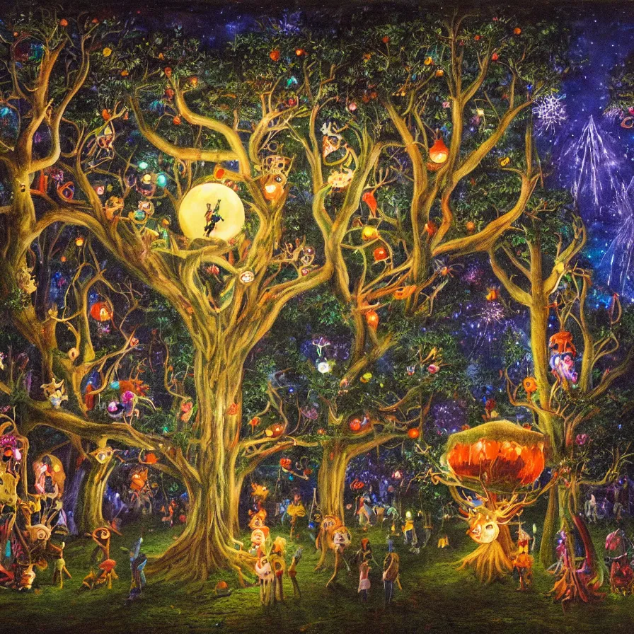 Image similar to a night carnival around a magical tree cavity, with a surreal orange moonlight and fireworks in the background, next to a lake with iridiscent water, christmas lights, folklore animals and people disguised as fantastic creatures in a magical forest by summer night, masterpiece painted by richard burchett, dark night environment