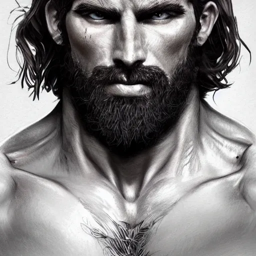 Image similar to portrait of a rugged ranger, muscular, upper body, hairy torso, D&D, fantasy, intricate, elegant, highly detailed, digital painting, artstation, concept art, smooth, sharp focus, illustration, art by artgerm