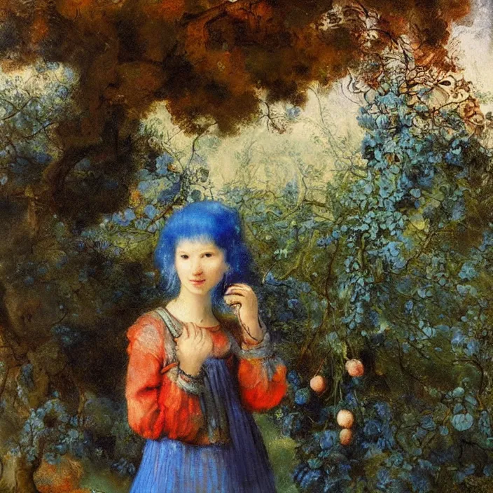 Prompt: a blue hair girl in pomegranate garden, landscape, oil painting by rembrandt