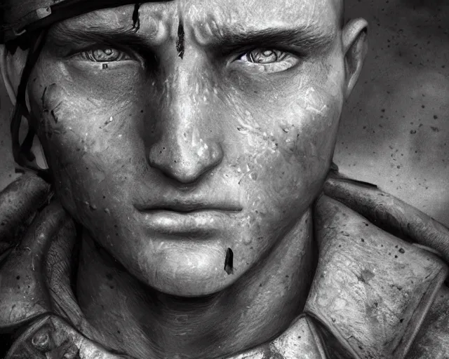 Image similar to A soldier in despair in a world war 1 trench, close-up, realistic face, beautiful face detail, mature facial features, black and white, amazing digital art, hyper detailed, artstation, in the style of Tony Sart