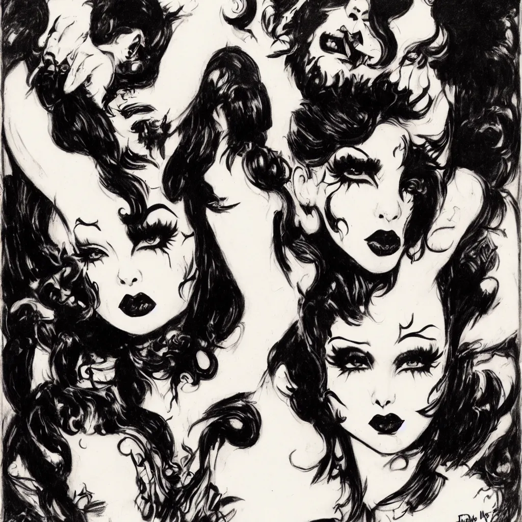 Image similar to of a goth girl burlesque psychobilly, rockabilly, punk, black hair, detailed face, white background, drawing, illustration by frank frazetta