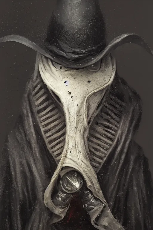 Image similar to A fancy portrait of a Plague Doctor by Greg Rutkowski, Sung Choi, Mitchell Mohrhauser, Maciej Kuciara, Johnson Ting, Maxim Verehin, Peter Konig, Bloodborne, 8k photorealistic, cinematic lighting, HD, high details, dramatic, dark atmosphere, trending on artstation