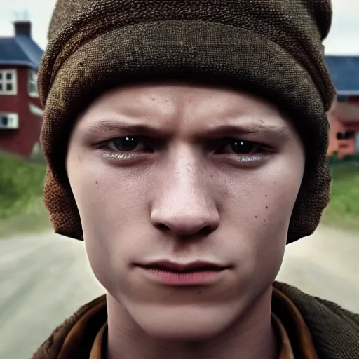 Prompt: closeup portrait of crying tom holland wearing russian ww 1 clothes in black beanie, tears, sad, white thatch houses in village at background, style ivan talavera and artgerm, radiant lighting, hyper realistic, photorealistic, octane render, trending on artstation, cgsociety, cinematic light, global illumination