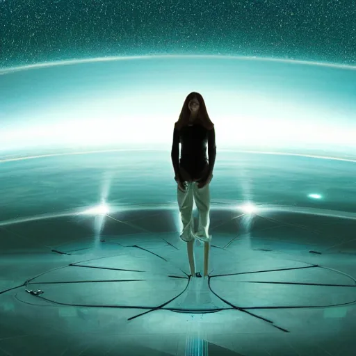 Prompt: A woman is inside a giant box that is painted to look like space. She is standing above a floating platform.