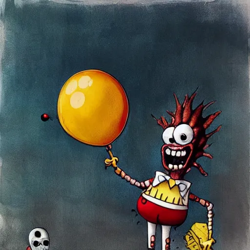 Image similar to grunge painting of spongebob with a wide smile and a red balloon by chris leib, loony toons style, pennywise style, corpse bride style, horror theme, detailed, elegant, intricate