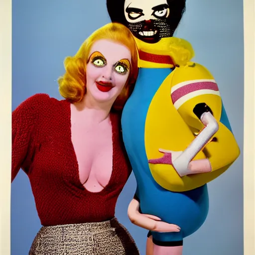 Image similar to 1976 film still glamorous woman photo and her friend, an anthropomorphic stomach, traveling, live action children's tv show, 16mm film live soft color, earth tones and some primary colors 1976, wacky, in style of john waters doris wishman russ meyer