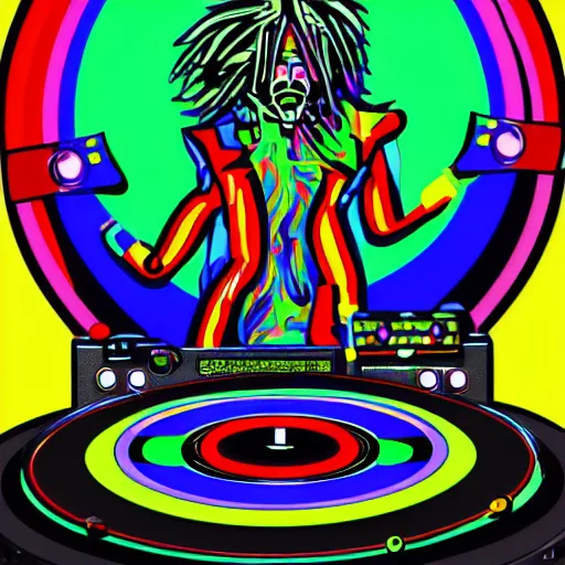 Image similar to svg sticker of a Dancing-Alex-Grey-Psychedelic-Rave-Man, at a rave, spinning records, giant headphones rocking out, wearing headphones, huge speakers, dancing, rave, DJ, spinning records, digital art, amazing composition, rule-of-thirds, award-winning, trending on artstation, featured on deviantart