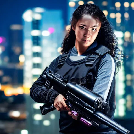 Prompt: photographic portrait of a techwear woman holding a shotgun, closeup, on the rooftop of a futuristic city at night, sigma 85mm f/1.4, 4k, depth of field, high resolution, 4k, 8k, hd, full color, Die Hard, movies with guns, movie firearms, face closeups