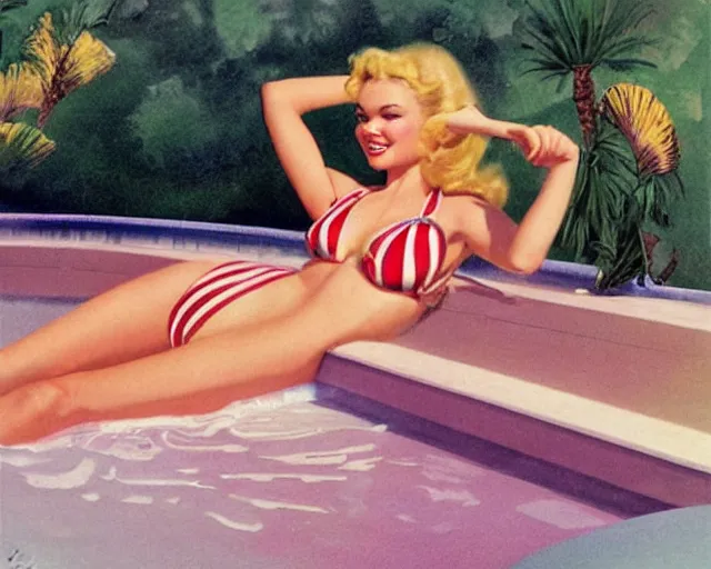 Prompt: tuesday weld in a pink bikini, tuesday weld swimming in a palm springs midcentury swimming pool by gil elvgren and earl norem