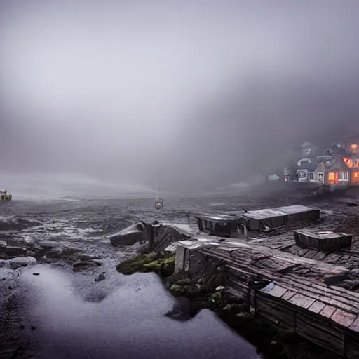 Prompt: icelandic fishing village with rustic architecture. cyberpunk style. apocalyptic style. photo. photorealistic. nebulous. fog.