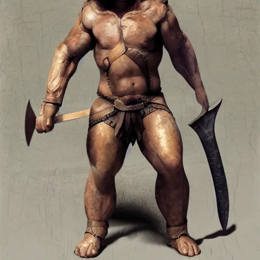 Prompt: Giant minotaur warrior with two handed axe, full body, muscular, dungeons and dragons, hyperrealism, high details, digital painting