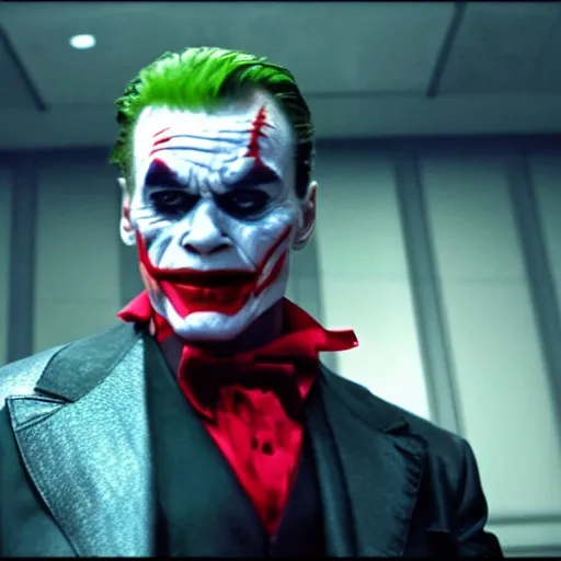 Image similar to awe inspiring Arnold Schwarzenegger as The Joker 8k hdr movie still dynamic colorful lighting