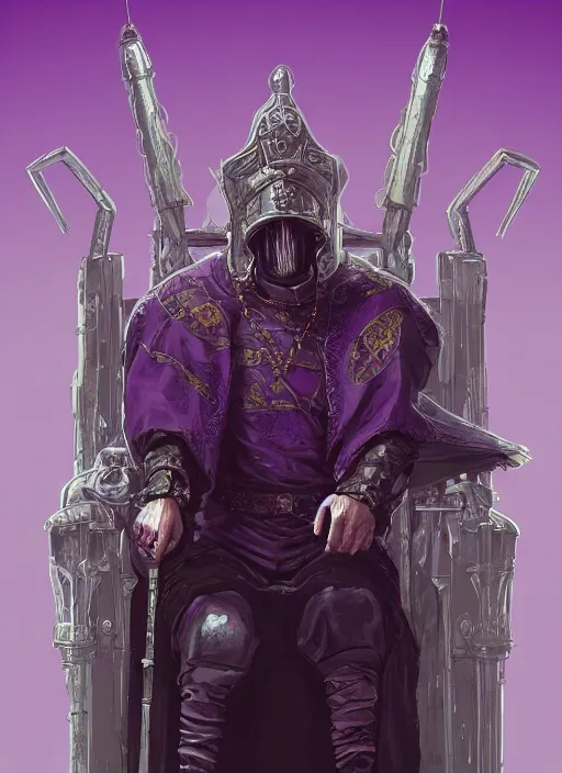 Image similar to a full length portrait of an old medieval king on the cyberpunk throne, dark purple color scheme, grim - lighting, high - contrast, intricate, elegant, highly detailed, digital painting, artstation, concept art, smooth, sharp focus, illustration