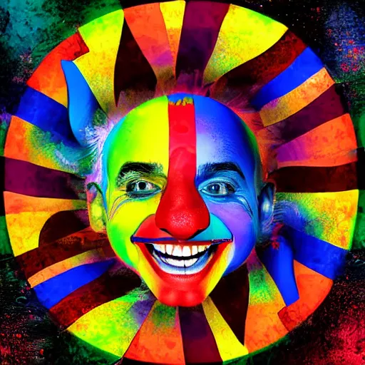 Image similar to Portrait of a colorful happy joyful clown, crazy, digital art masterpiece