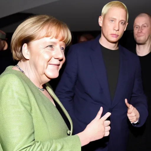 Image similar to Angela Merkel holding hands with Eminem, paparazzi