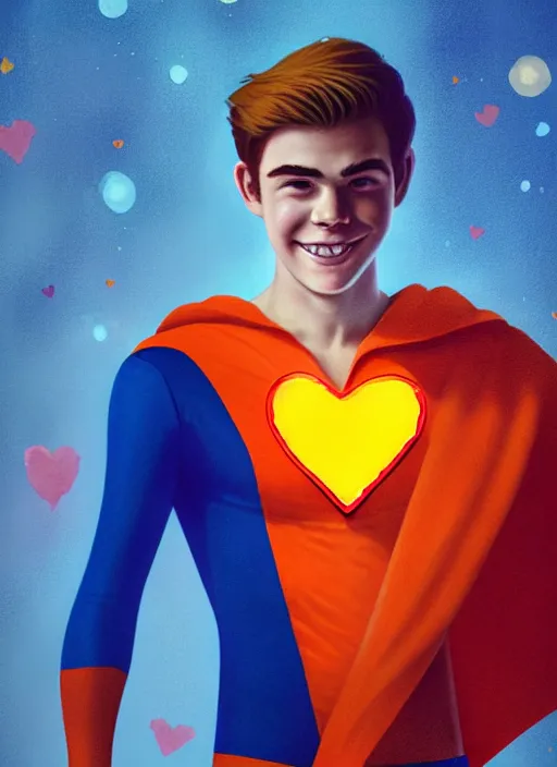 Image similar to friendly teenage archie andrews wearing an orange superhero costume with heart logo, heart, orange costume, blue cape, freckles, cape, heart emblem on chest, heart, blue cape, intricate, elegant, glowing lights, highly detailed, digital painting, artstation, sharp focus, illustration, art by wlop, mars ravelo and greg rutkowski