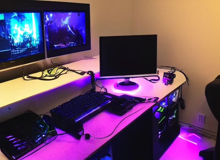 Image similar to what do you think of my battlestation, pc gaming, led lights, desk, plants, interior design