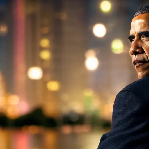 Image similar to a still of Barak Obama. Shallow depth of field. City at night in background, lights, colors ,studio lighting, mood, 4K. Profession photography