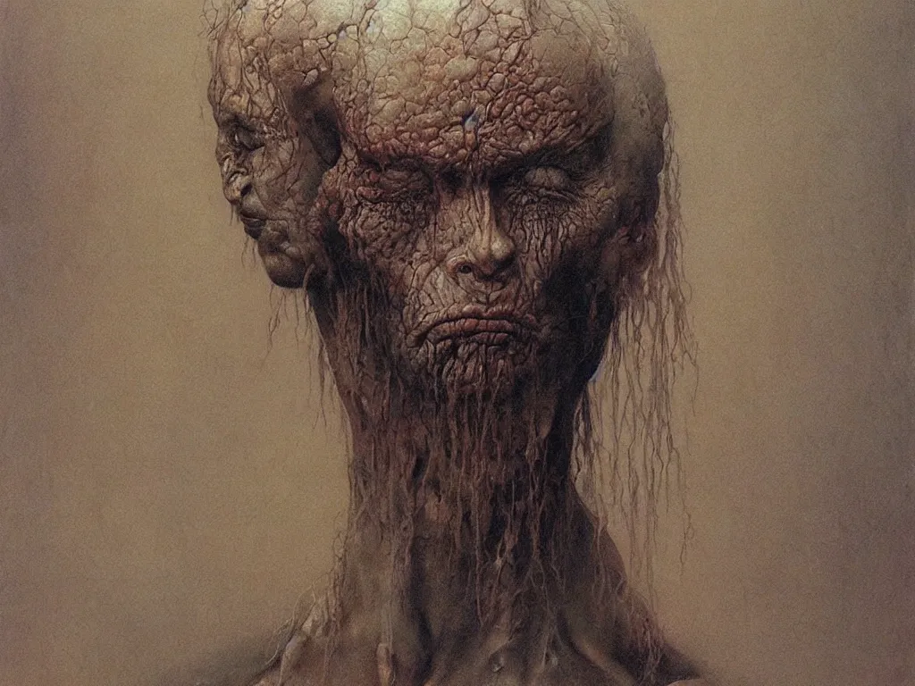 Prompt: Portrait of an loriciferan human hybrid. Painting by Wayne Barlowe, Beksinski.