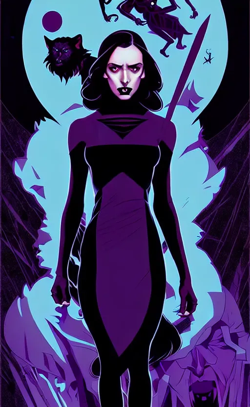 Image similar to rafael albuquerque comic cover art, artgerm, joshua middleton, pretty stella maeve witch doing black magic, serious look, purple dress, symmetrical eyes, symmetrical face, long black hair, full body, werewolf behind eva, twisted evil dark forest in the background, cool colors