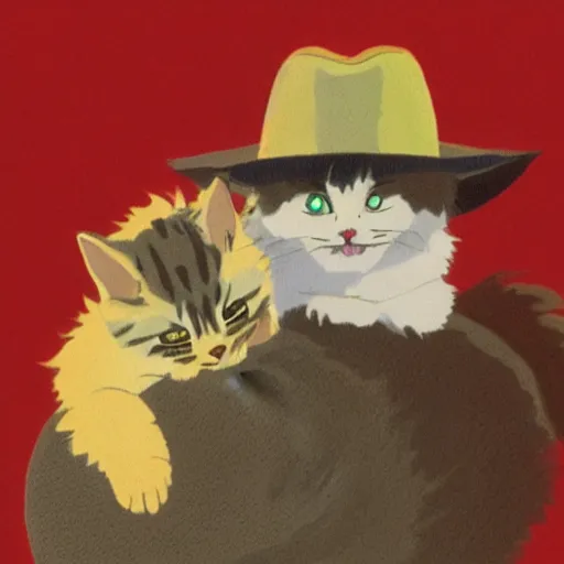 Image similar to art by studio ghibli of a baby kitten wearing a cowboyhat hugging a cat