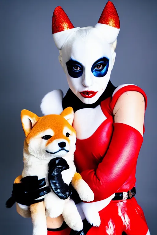 Prompt: lady gaga dressed as harley quinn attacked by plush shiba inu, plush toy, luxury materials, symmetrical, cinematic, elegant, professional studio light, real dlsr photography, sharp focus, 4 k, ultra hd, sense of awe, high fashion