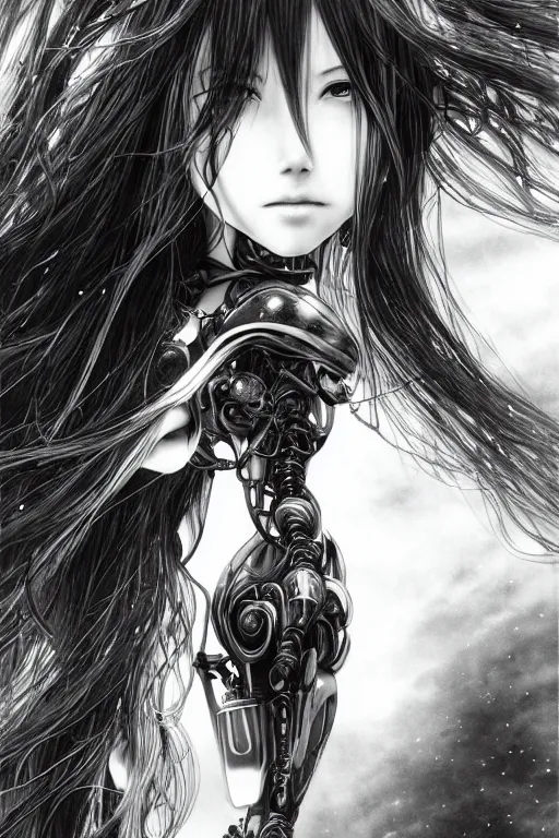 Image similar to a vertical portrait of a character in a scenic environment by Yoshitaka Amano, black and white, dreamy, cybernetic suit, wavy long black hair, highly detailed