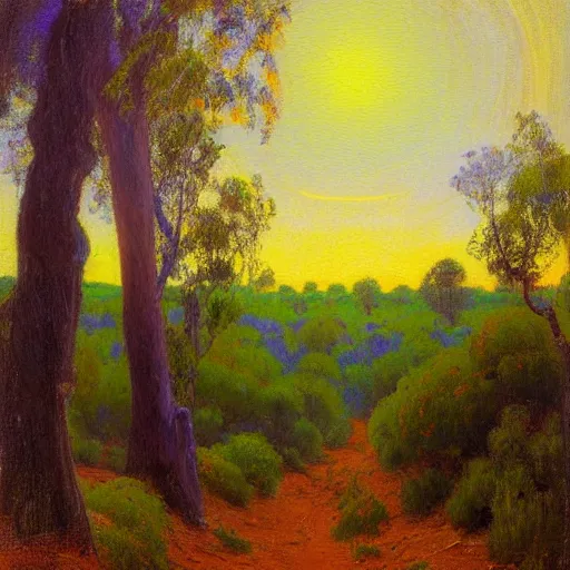 Prompt: a painting of a dirt road surrounded by eucalyptus trees and california golden poppies, violet woodland hill in the distance, violet sunset. an oil painting by Julian Onderdonk, green orange violet triadic color palette, featured on deviantart, australian tonalism, pre-raphaelite, impressionism, detailed painting