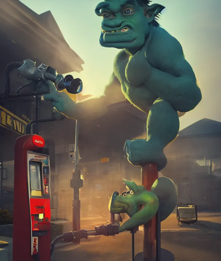 Image similar to a troll, drinking gas from a gas station pump. fuel everywhere. a troll, ogre, gargoyle drinking from a fuel pump. high quality sharp focus, beautiful volumetric light. photograph by tooth wu, wlop, beeple, dan mumfor, octane render, artstation