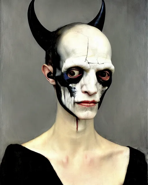 Prompt: a close up portrait of the devil with a blank cold expression, by joel peter witkin and hieronymus bosch and annie liebovitz, very pale skin, very blurry, translucent white skin, foggy, oil painting, photorealistic, anatomically correct, beautiful perfect face, visible brushstrokes, sharp focus, highly detailed, cinematic lighting, 8 k, hd