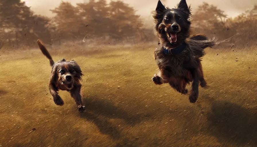 Image similar to Dog running on a battlefield, hyperdetailed, artstation, cgsociety, 8k