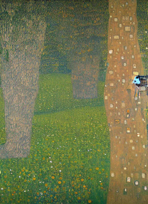 Prompt: a landscape painting of a cognitive optical illusion of trees, with four people who are trees in the foreground making extreme dynamic poses painted by gustav klimt, leonardo davinci