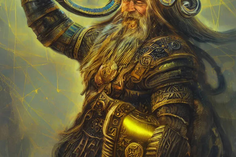 Prompt: mythological viking odin all father Shaman of artificial intelligence creating an artificial neural network, deep learning, with yellow synapses on an anvil, high resolution, award winning art, trending on art station, sharp image, incredibly detailed, detailed character realistic painting