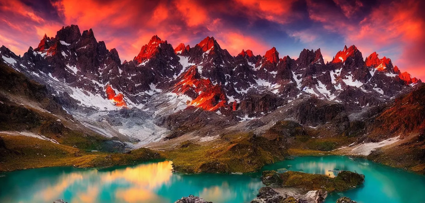 Image similar to amazing landscape photo of mountains with lake in sunset by marc adamus, beautiful dramatic lighting