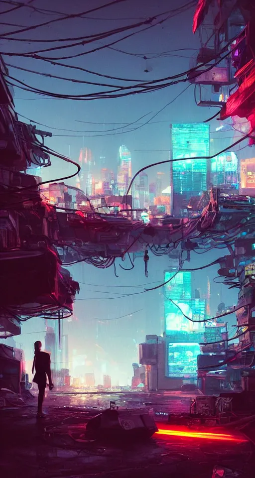 Prompt: beautiful low angle painting of an alien world with unknown structures and technology, cyberpunk, wires everywhere, junk on the ground, neon lights, a tiny girl watching on, moody atmosphere, epic composition, dramatic lighting, trending on artstation, octane render, by robert zemeckis