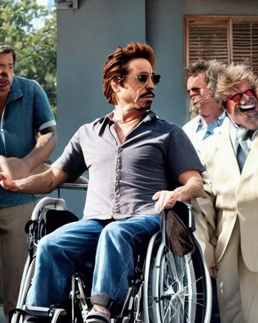 Prompt: robert downey jr. starring in weekend at bernie's. movie poster. comedic. cinematic lighting. robert downey jr. in a wheelchair.