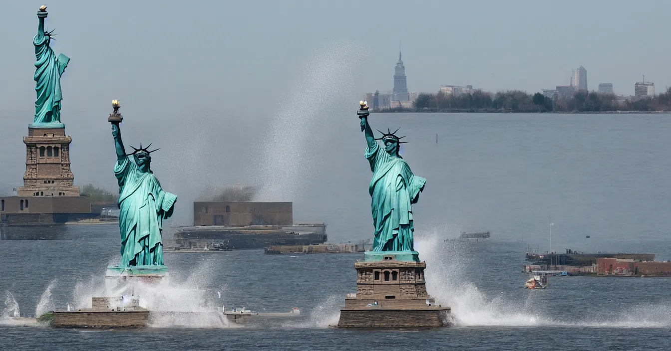 Prompt: statue of liberty jumping into water