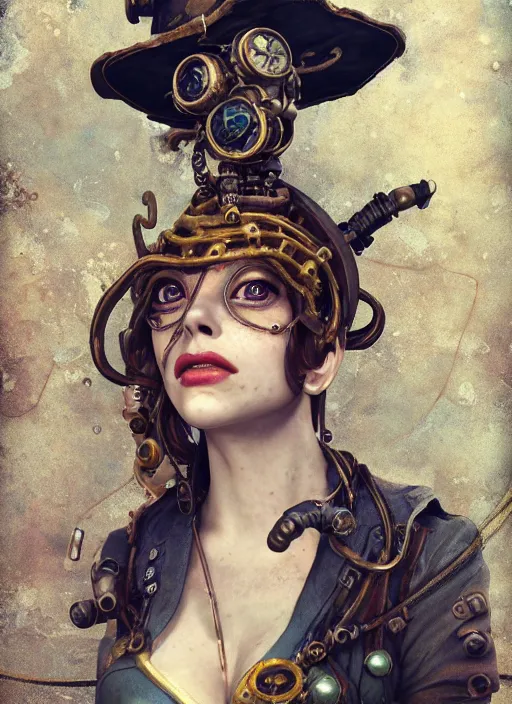 Prompt: underwater steampunk bioshock pirate portrait of emma stone, octopus, hyper detailed, digital art, trending in artstation, cinematic lighting, studio quality, smooth render, unreal engine 5 rendered, octane rendered, art style by klimt and nixeu and ian sprigger and wlop and krenz cushart.