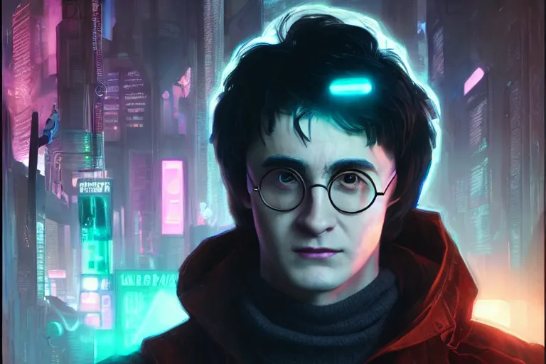 Prompt: portrait of Harry Potter with implants in cyberpunk, neon lighting, cyber glasses, portrait in center, digital art from artstation by Ruan Jia and Mandy Jurgens and Artgerm and william-adolphe bouguereau and Greg Rutkowski and Wayne Barlowe