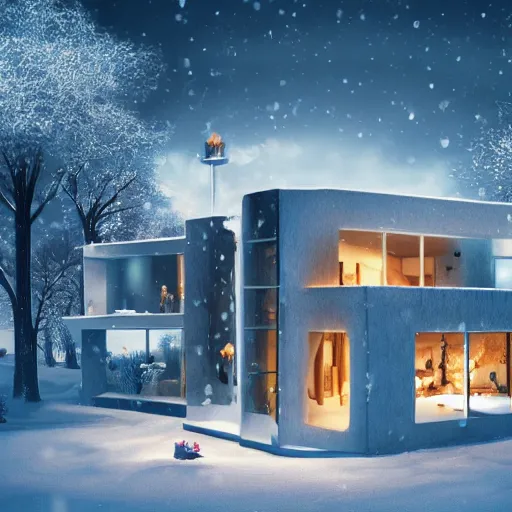 Prompt: a beautiful futuristic home in the winter!, artstation