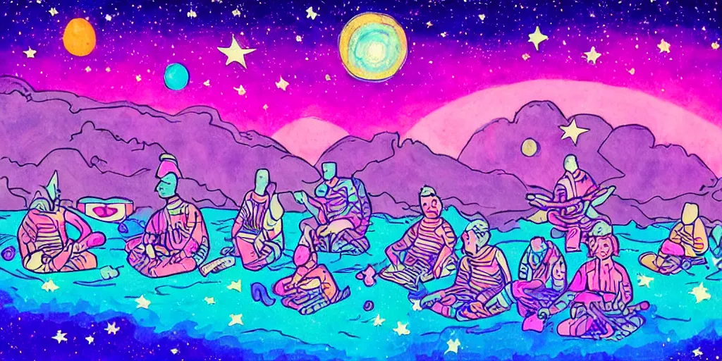 Prompt: twelve astronauts sitting by the river with a big holiday cake + psychedelic vegetation + purple, pink, blue + planets and stars + mystical fog, super detail, high quality