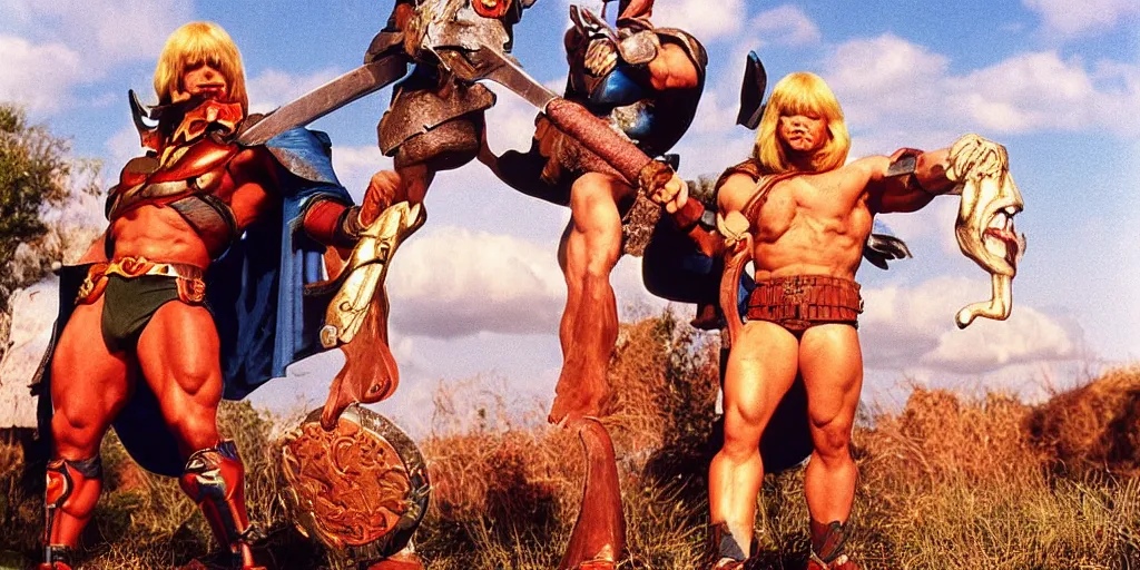 Image similar to he - man and battle cat, full body, symmetrical features, color photo, 1 9 8 5 photograph, kodachrome, aged paper, sergio leone, master prime lenses, cinematic